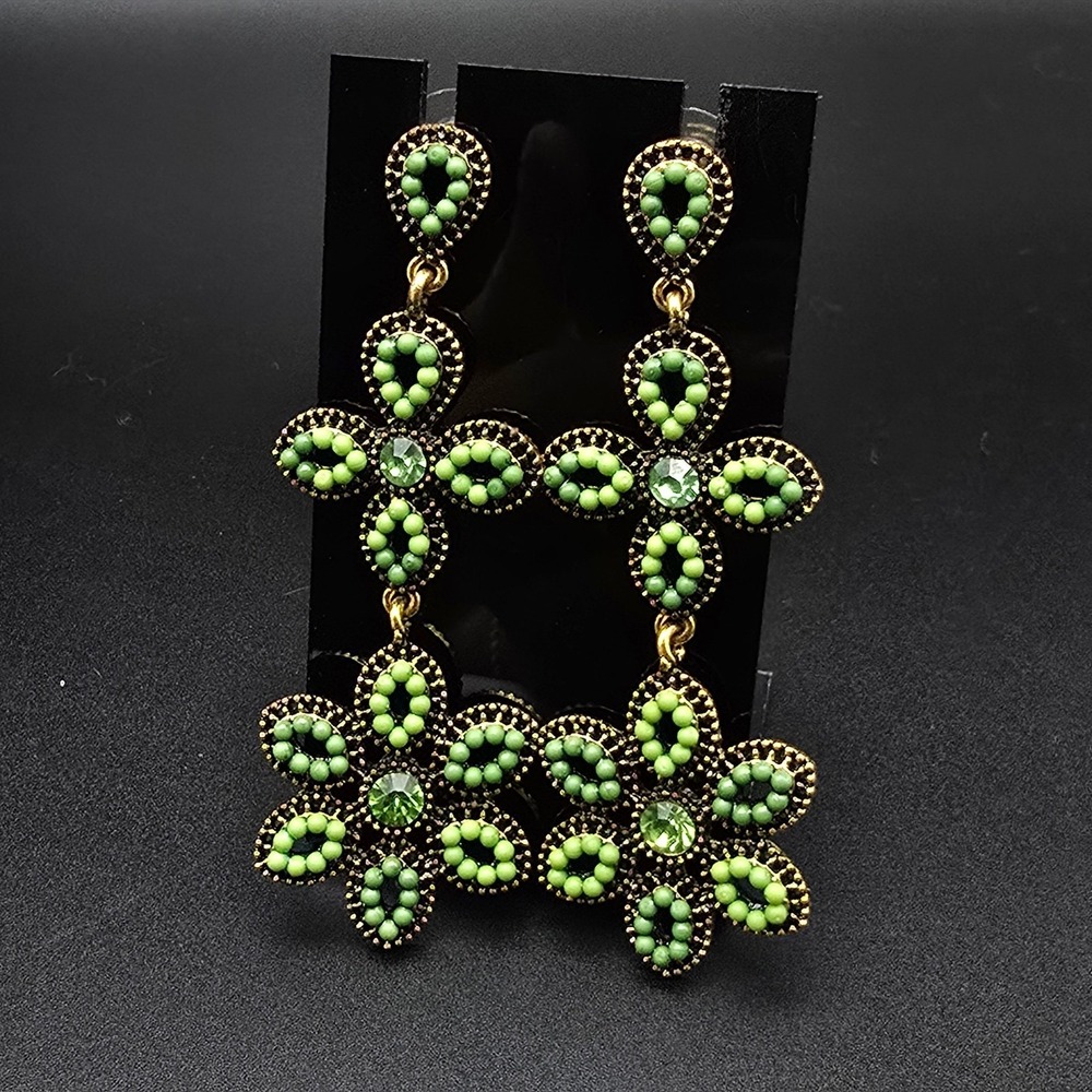 Green Seed Beaded Flower Earrings Long Dangle Drop